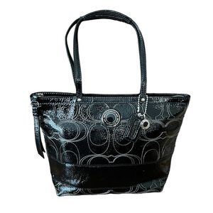Coach Patent Leather Signature Logo Embroidered Tote Black F19198